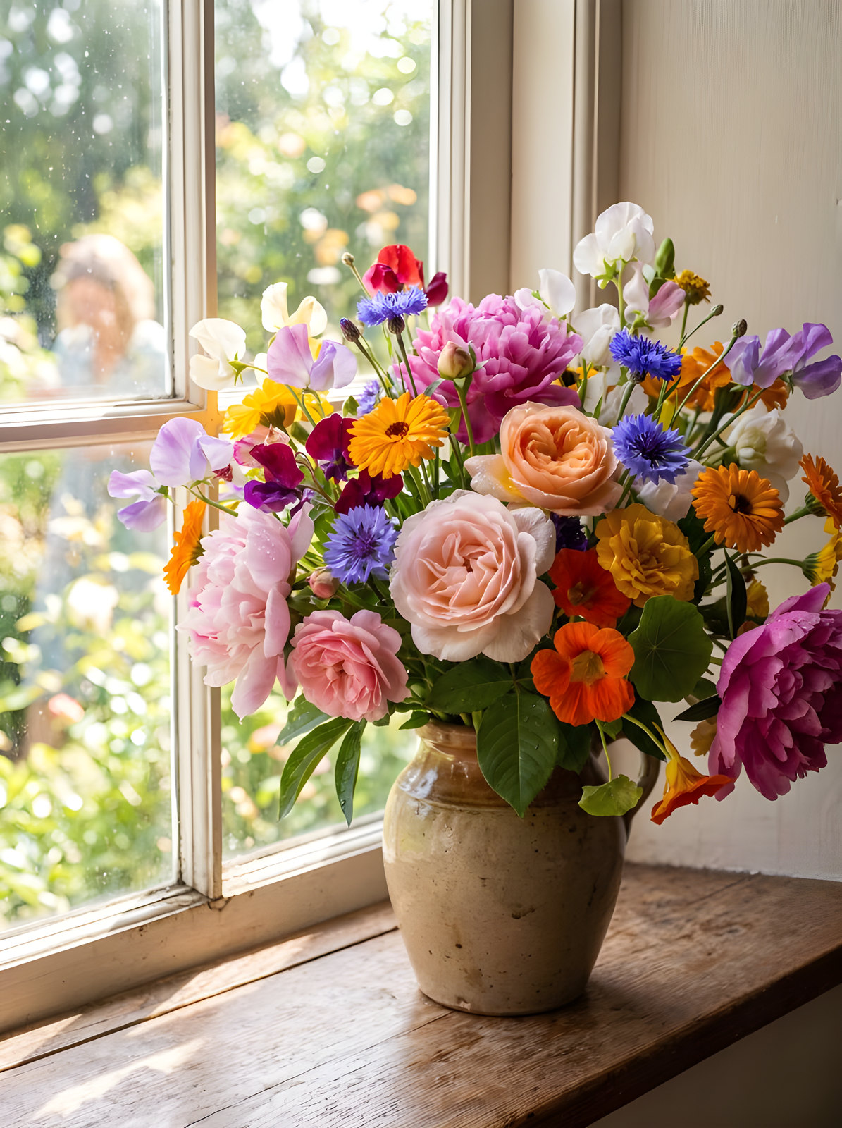 Bunter Blumenstrauß in einer Steingutvase auf einer hellen Fensterbank