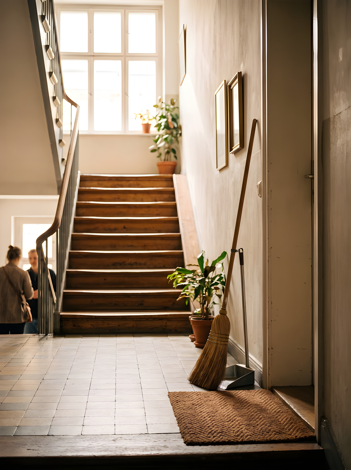 Ein Reisigbesen und ein Kehrblech lehnen an der Wand eines Treppenhauses, oben ein großes Sprossenfenster