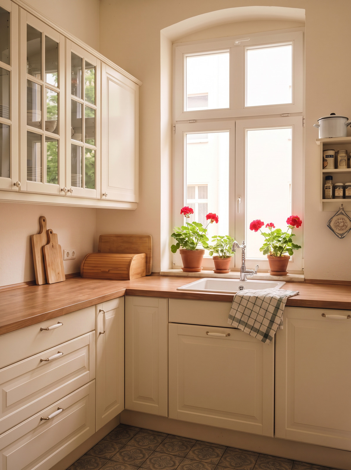 Eine aufgeräumte helle Küche mit Holzarbeitsplatte, Schneidebrettern und roten Geranien auf der Fensterbank