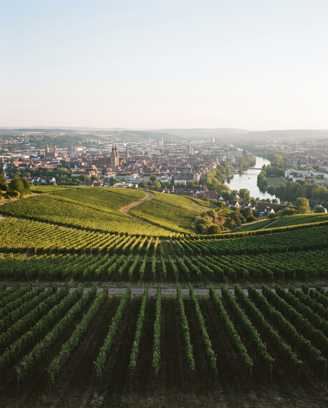 Weite Rebhänge, dahinter eine Stadt, durch die sich ein Fluss zieht