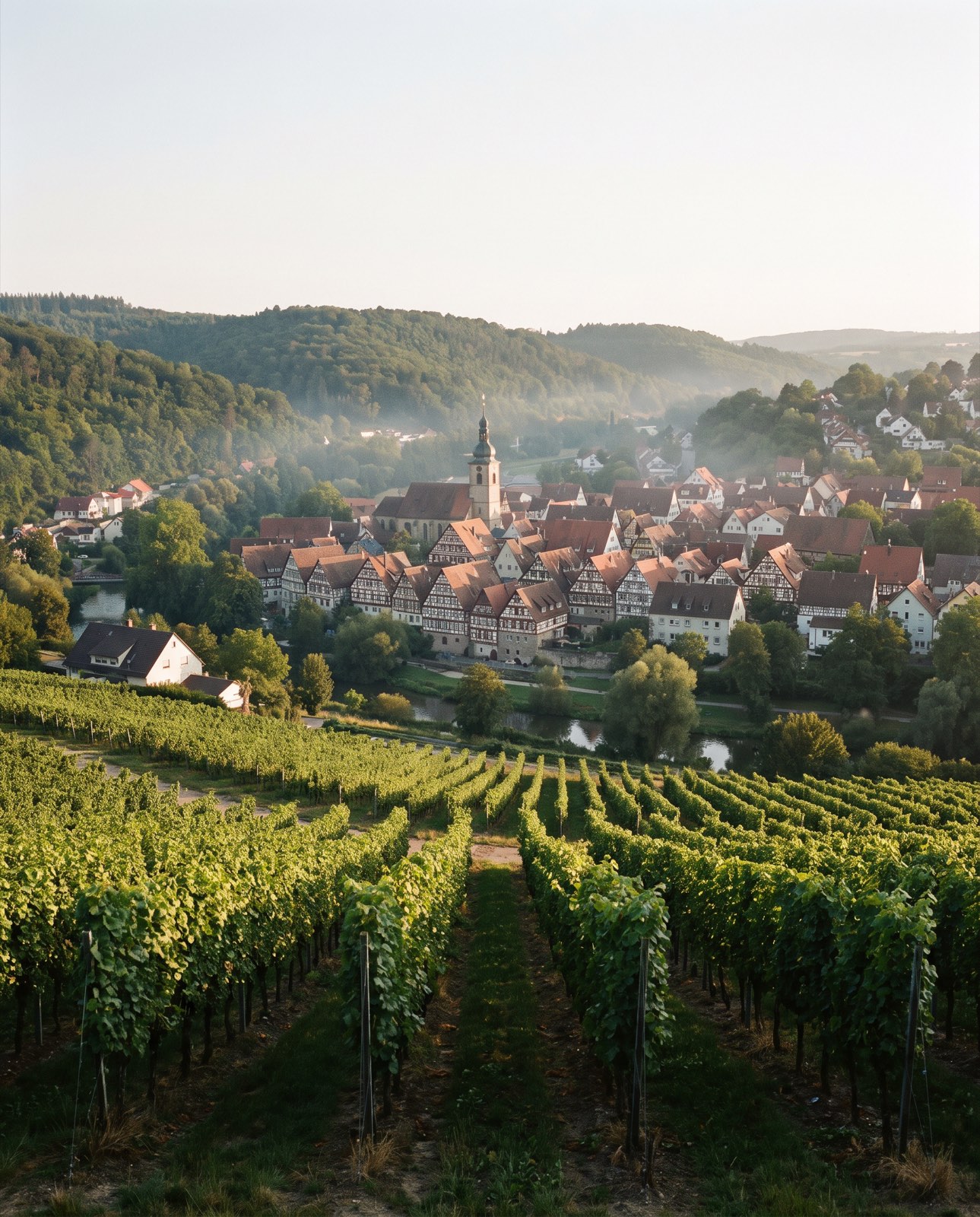 Blick über Rebzeilen auf eine Altstadt mit Fachwerkhäusern und Kirchturm im Tal