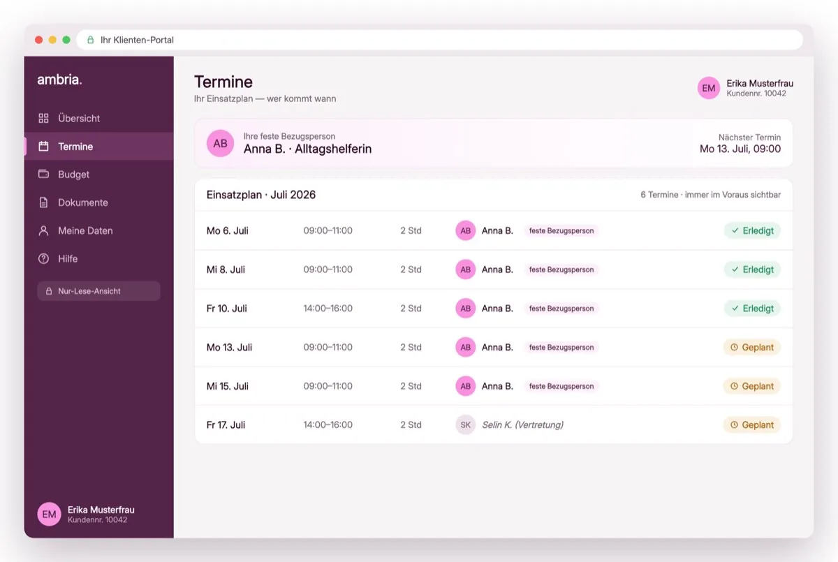 Ansicht des Klienten-Portals im Browser