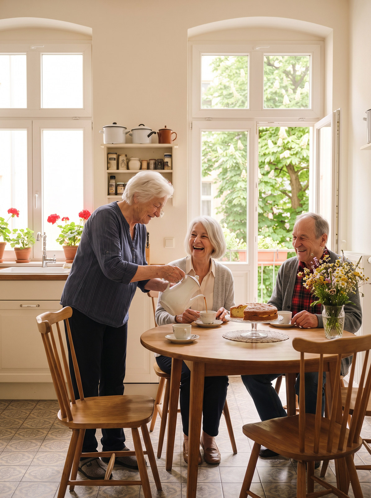 Drei ältere Menschen sitzen lachend an einem runden Küchentisch, eine von ihnen schenkt Kaffee ein, auf dem Tisch stehen ein Kuchen und Wiesenblumen