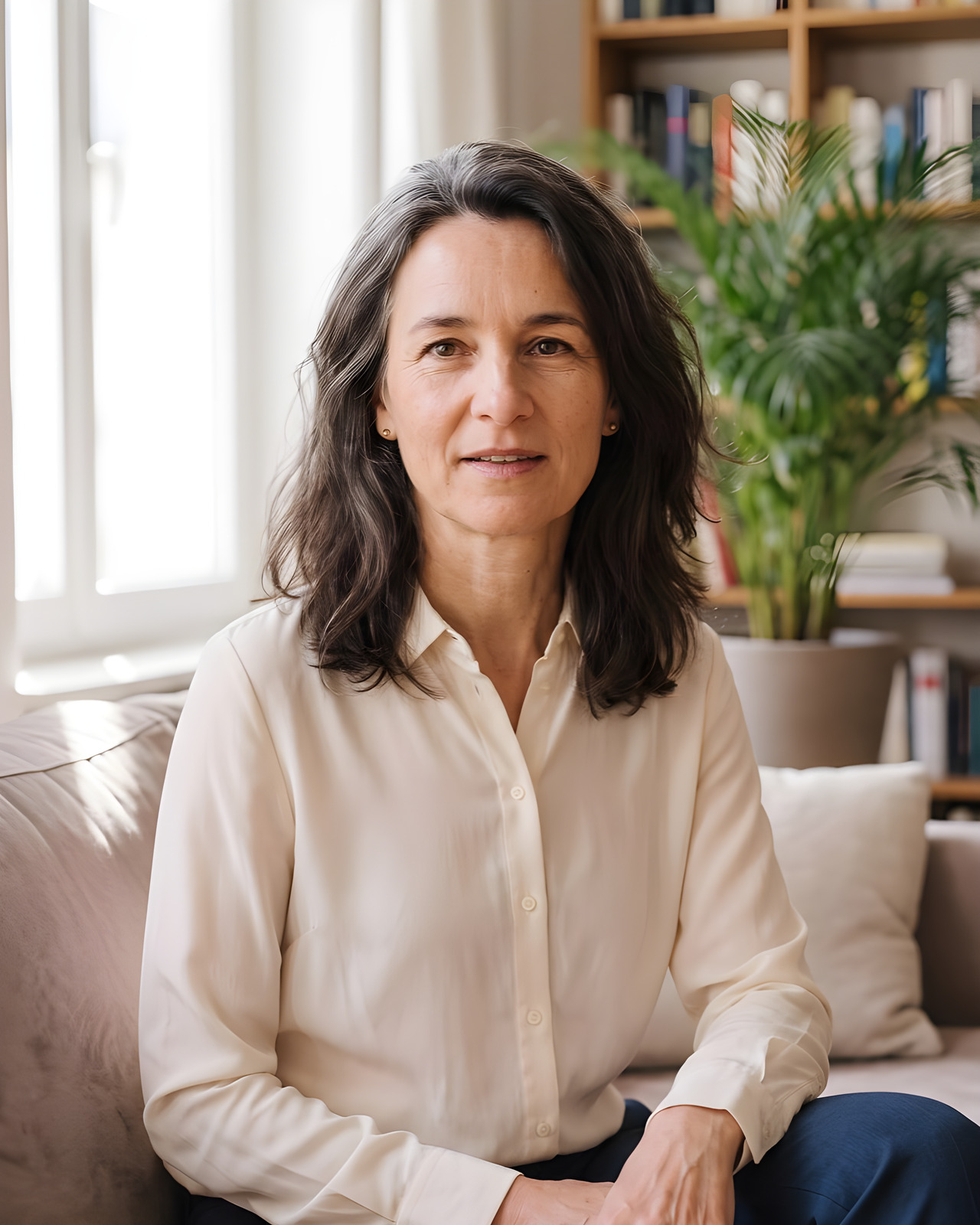 Eine Frau sitzt entspannt auf dem Sofa ihres Wohnzimmers, im Hintergrund ein Bücherregal
