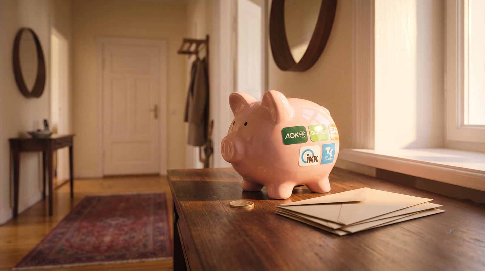 Ein rosafarbenes Sparschwein auf einer Holzkommode im Flur, davor eine Münze und Briefumschläge